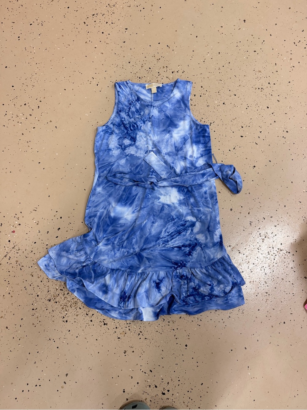Sleeveless Blue Tie-Dye Ruffle Hem Michael Kors Dress with Waist Tie